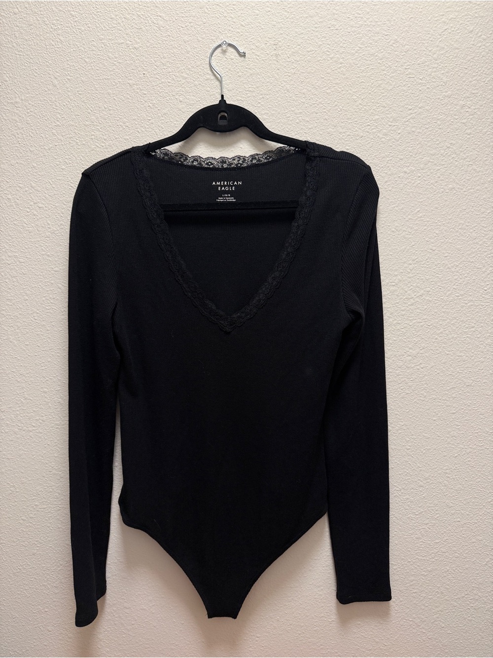 American Eagle Outfitters Black Lace-Trim V-Neck Long Sleeve Bodysuit